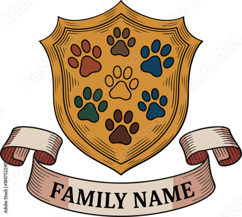 Vintage shield with paw prints and family name banner vector