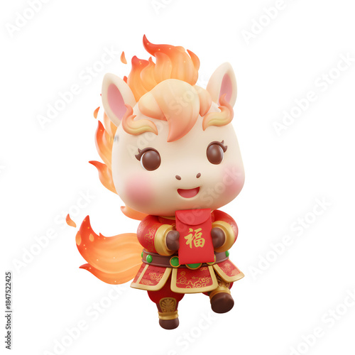 Cute 3D Cartoon Horse Mascot Holding Red Envelope for Chinese Lunar New Year isolated on a transparent background 