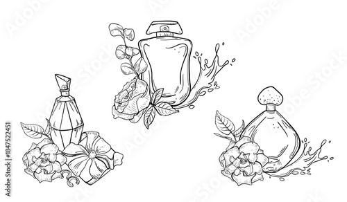 Perfume bottle outline with blooming rose and splash effect hand drawn. Black white vector illustrations set for feminine gift packaging and print. Line art for Valentine Day, beauty cosmetic design.