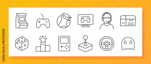 Gaming set icon. Controller, joystick, headset, console, dice, star, screen, gamepad, ghost, level, competition, entertainment, technology, player, leaderboard, fun, arcade, virtual, 