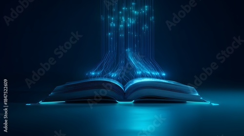 Futuristic knowledge streams rise from open book showcasing modern digital learning concept