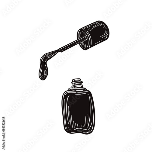 Nail polish bottle with applicator and drip black silhouette. Hand drawn vector graphic element for cosmetic illustration. Beauty object for manicure and pedicure design. Polish drop on brush tip.