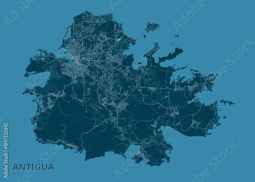 Map of Antigua is presented in a monochromatic blue palette. The island's shape is clearly defined against a lighter blue background, representing the surrounding ocean.