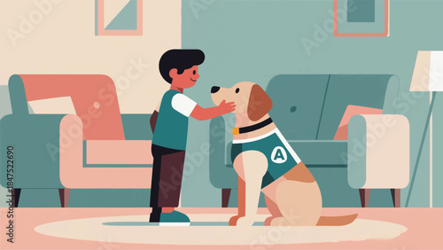 Illustration Of Child With Dog In A Calm Living Room Setting Vector Design Template