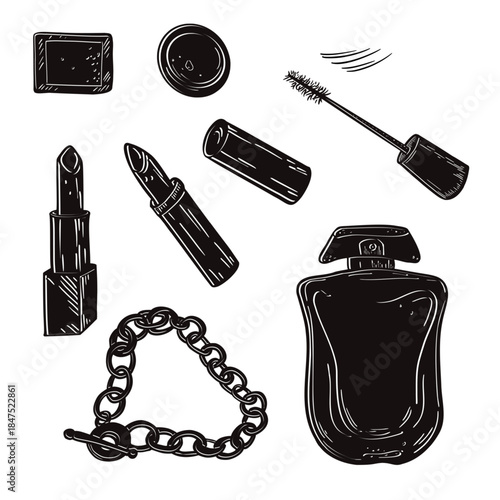Vector illustrations beauty and makeup products for women on white. Black silhouette elements for girls design fashion concept. Beauty products for cosmetics store advertisement. Clipart for 8 March.