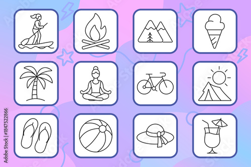 Vacation set icon. Tent, palm, ice cream, ball, flip flops, drink, yoga, surfboard, campfire, bicycle, hat, travel, relax, outdoor, beach.