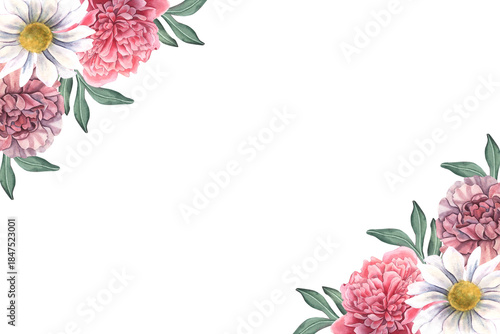 Horizontal botany frame, peony, carnation, chrysanthemum, leaves. Hand-painted watercolor illustration isolated on white background for invitation, branding, packaging, stationery, template for design