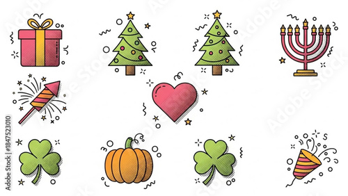Collection of festive holiday icons including christmas trees, heart, gifts, pumpkin, shamrocks, and menorah on white background