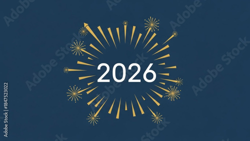 New year's celebration graphic with gold fireworks exploding around 2026 on dark blue background