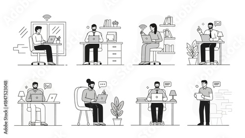 UntitledDiverse group of people working remotely on laptops in various home office settings, illustrating modern flexible work arrangements.
