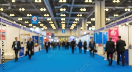 Blurred indoor exhibition hall filled with visitors. People explore pavilions featuring cars home appliances tech gadgets food items on blue carpeted show floor