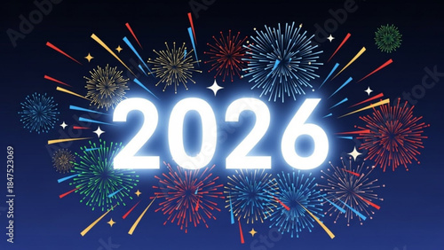 Vibrant colorful fireworks exploding around shiny 2026 text on dark blue background with sparkles