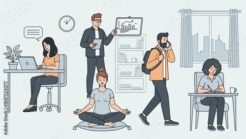 UntitledDiverse group of people working remotely on laptops in various home office settings, illustrating modern flexible work arrangements.