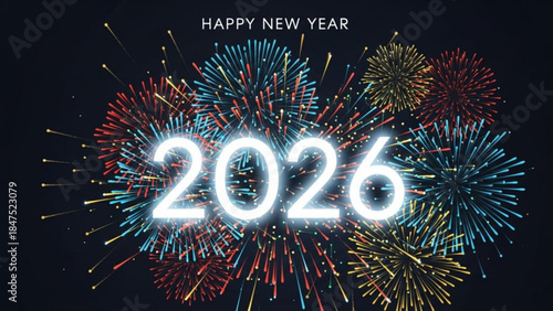 Happy new year celebration with colorful fireworks exploding in the night sky with 2026 text