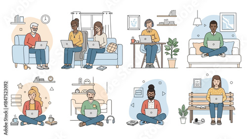 UntitledDiverse group of people working remotely on laptops in various home office settings, illustrating modern flexible work arrangements.