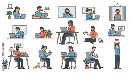 UntitledDiverse group of people working remotely on laptops in various home office settings, illustrating modern flexible work arrangements.