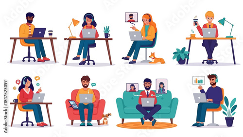UntitledDiverse group of people working remotely on laptops in various home office settings, illustrating modern flexible work arrangements.