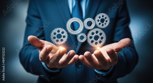 Business leader controls interconnected gears business processes. Hands hold complex system of gears representing operational efficiency