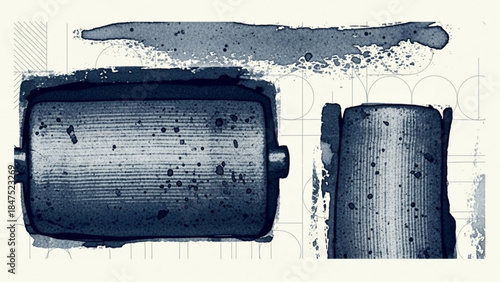 A grungy illustration of a film roll and spool on a textured background with paint splatters