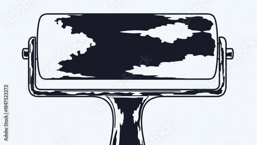 A black and white illustration of a cowhide patterned billboard sign on a stand with a light blue background