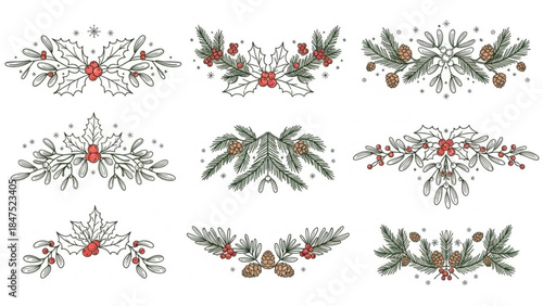 Collection of nine christmas floral arrangements with holly, mistletoe, and pinecones on white background with snowflakes