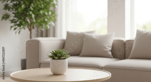 Cozy living room interior with light brown wooden coffee table. Small succulent plant on table. Beige sofa blurred in background. Tabletop unique pattern. Modern home decor