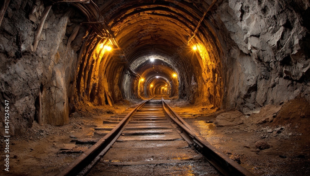 Fototapeta premium A dimly lit tunnel, with train tracks stretching into the distance. The rocky walls and ceiling are illuminated by sparse lights