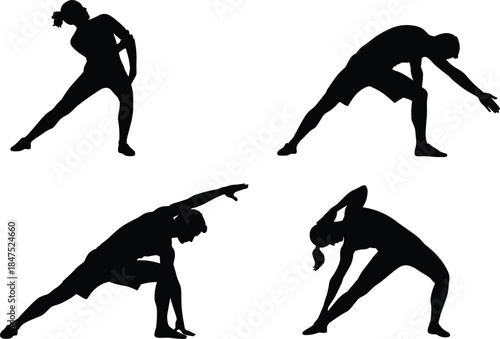 Stretching silhouette poses, fitness flexibility, warm up exercise, body mobility, yoga movement, physical therapy, active lifestyle, workout routine, health posture