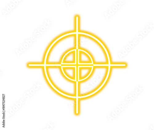 Glowing yellow neon crosshair target symbol on a stark for focus and precision on transparent background