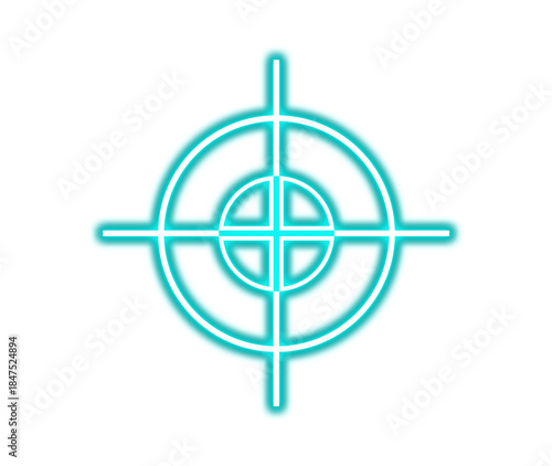 Glowing cyan neon crosshair target symbol for gaming or security concepts on transparent background