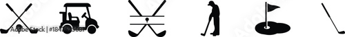 Black Golf Flat Style Vector Icon Set, Sports Equipment Symbol Collection and Recreation Outline Graphic Group Featuring Club, Ball, Tee and Course Elements
