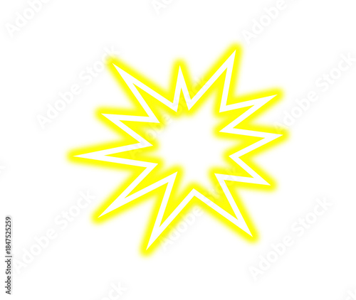 Bright yellow neon comic book explosion graphic element with white jagged starburst lines on black on transparent background
