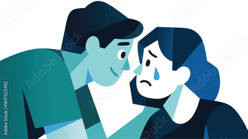 Illustration Of Close-Up Of One Friend Leaning Forward, Looking Deeply Into The Eyes Of Another Friend Who Is Visibly Distressed Vector Design Template
