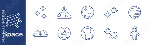 Space set icon. Stars, craters, meteorites, planet, soil, impact, moonbase, growth, friendly alien, life, cosmos, atmosphere, celestial body, science.