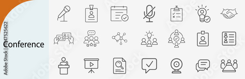 A collection of line art icons related to business conferences, meetings, and related concepts. This set includes icons representing microphones, name tags, calendars, and other relevant symbols.