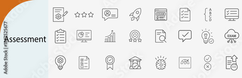 Set of assessment icons for business and education with a variety of symbols. Includes checklist, charts, and more.