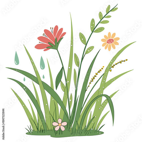 Cartoon flowers and grass with raindrops green