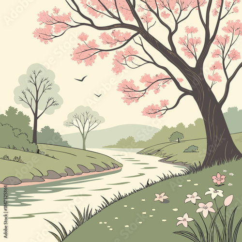 Pink cherry blossom tree beside a winding river with green grass and flowers