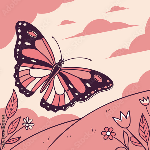 Pink butterfly flying over flowers and hills purple