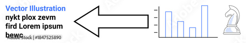Business strategy, data presentation, analytics, growth, decision-making, competition. Black arrow pointing to bar chart with chess knight. Business strategy and data presentation