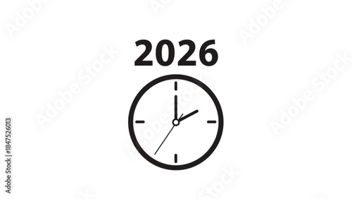 A simple black and white illustration of an analog clock showing a specific time with the year 2026 written above it in bold font on a plain white background