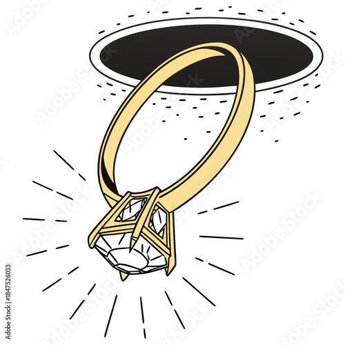 Golden ring with diamond hovering over black hole white background