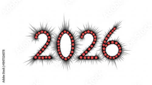 Red star pattern numbers 2026 with black spikes on white background for design and decoration