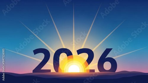 New year 2026 begins with vibrant sunrise and radiant beams across serene landscape