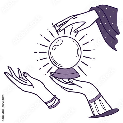 Crystal ball on stand held by two hands with purple accents