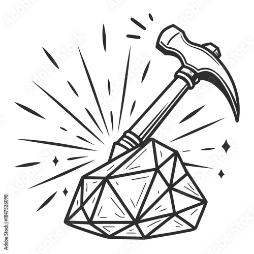 Black and white of a pickaxe striking a polygonal gemstone