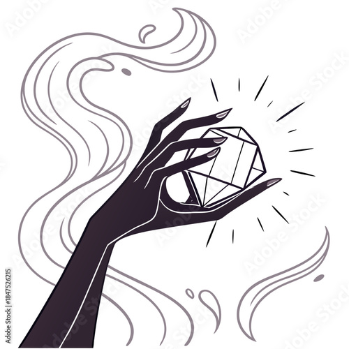 Dark hand emerging from smoke holding bright crystal