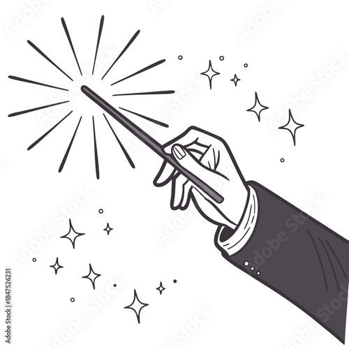 Hand holding magic wand releasing light and sparks