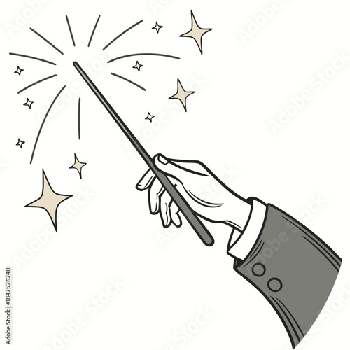 Hand holding magic wand releasing light and stars sparkles