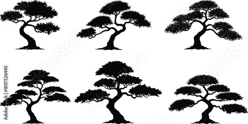 Stylized tree silhouettes, bonsai inspired shapes, artistic branching patterns, nature design elements, black vector trees, abstract forest illustration, isolated icons